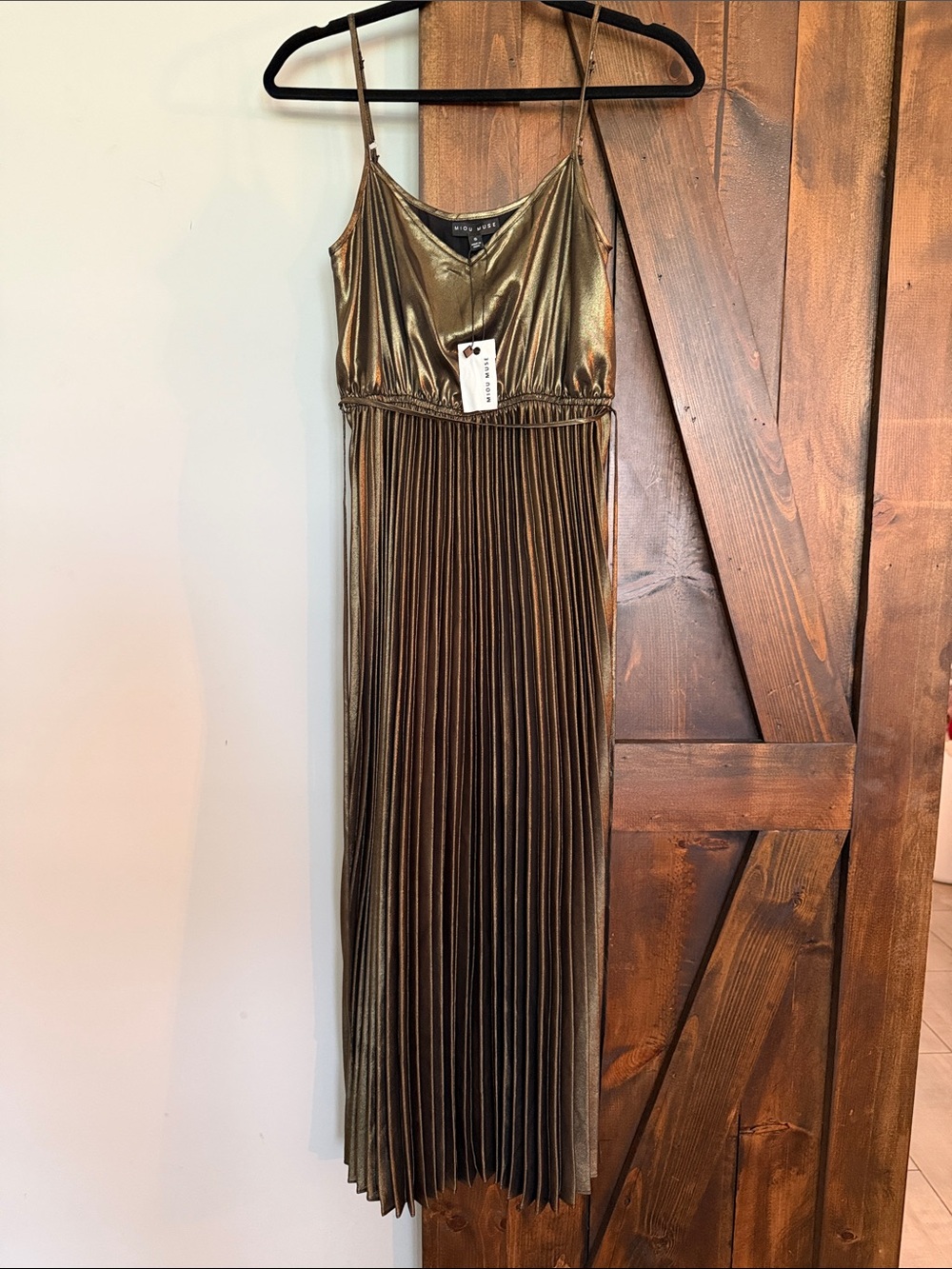 Metallic Gold Pleated Midi Dress with Spaghetti Straps